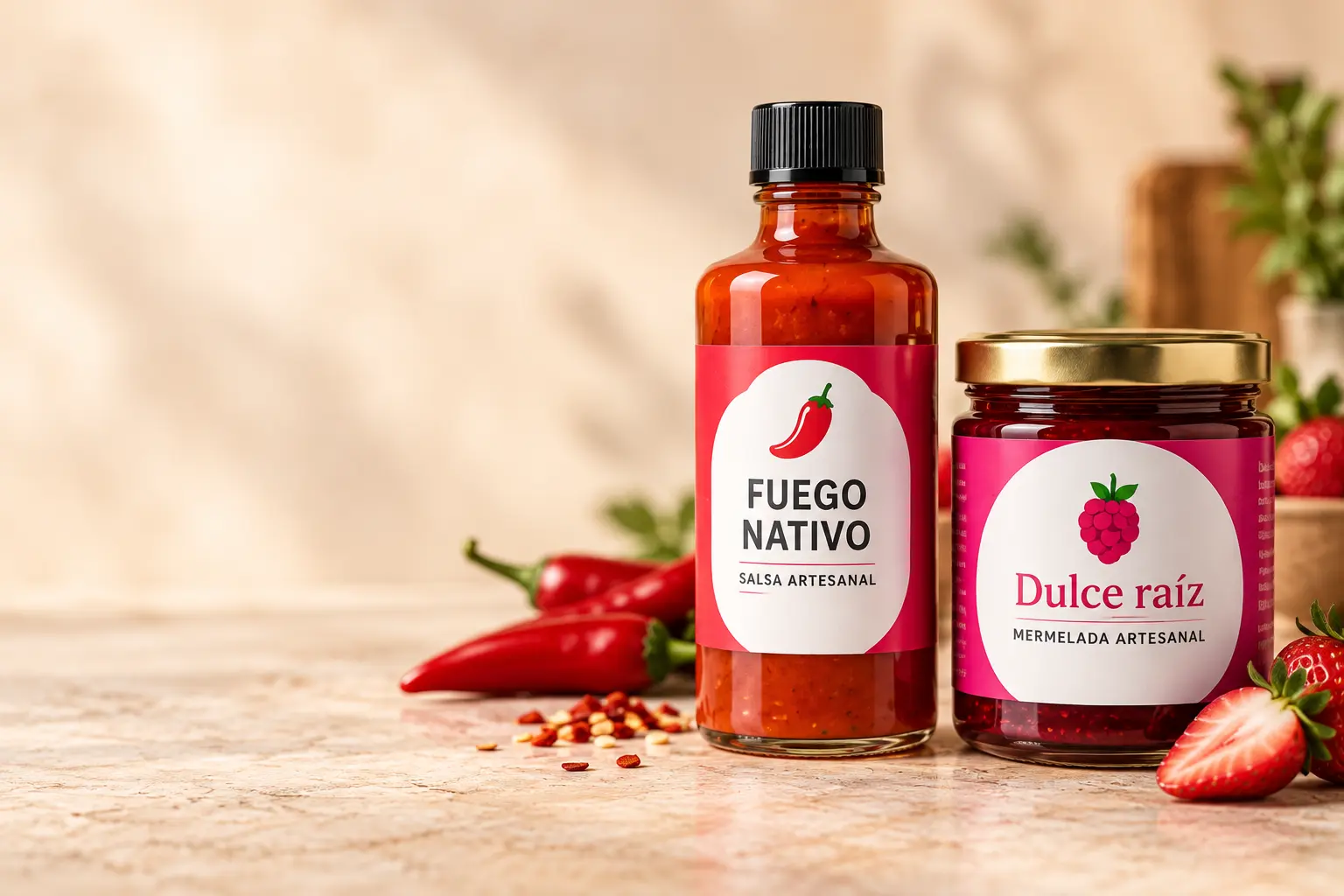 Botella de salsa y frasco de mermelada con etiquetas de colores: etiquetas personalizadas para alimentos y bebidas