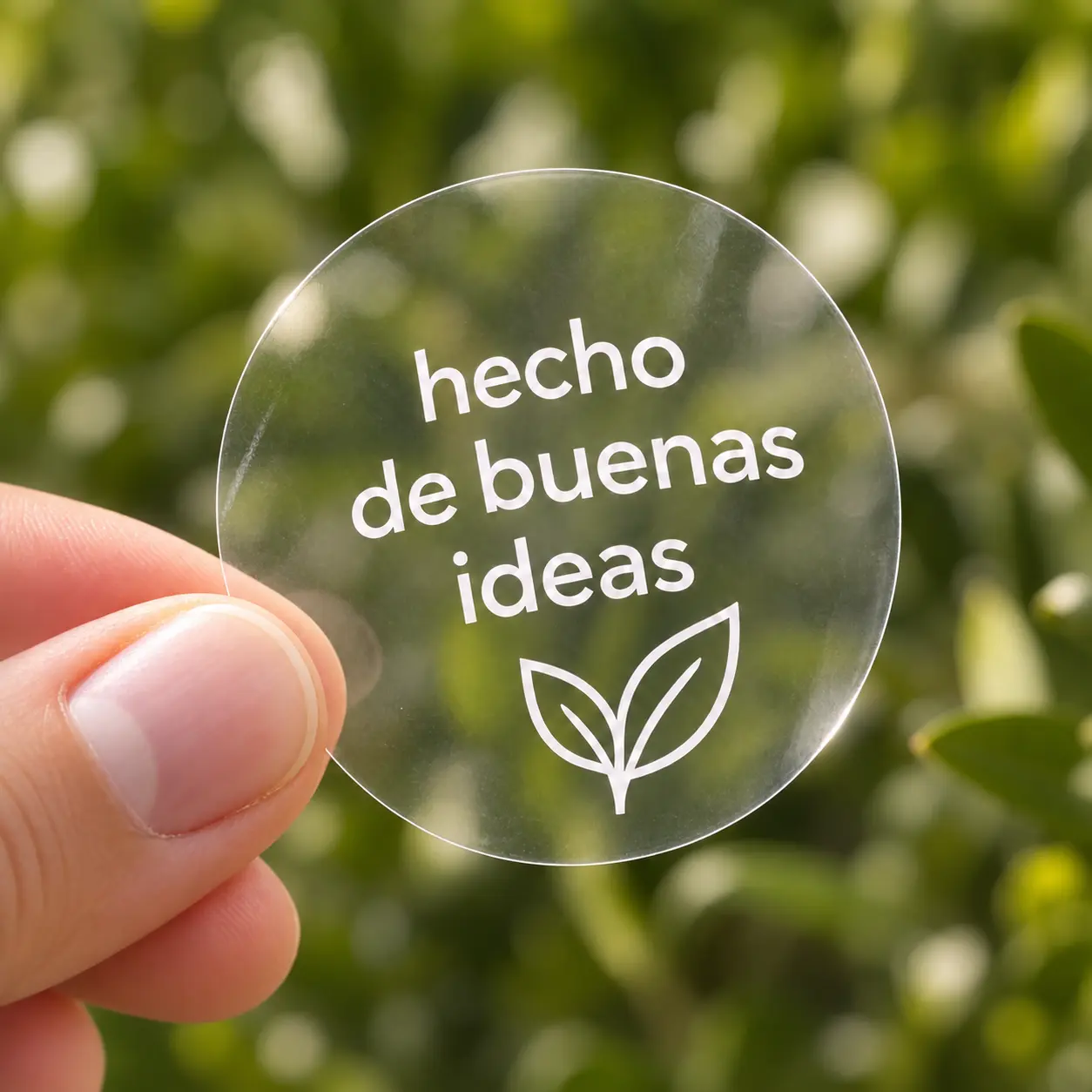 Etiqueta circular en BOPP transparente sobre fondo vegetal: efecto sin etiqueta para botellas y frascos